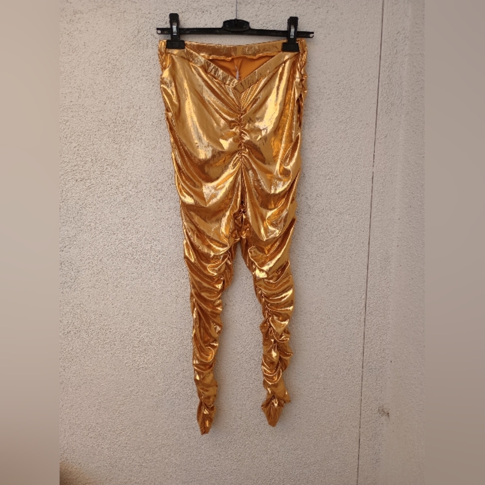 Shein Metallic Gold Ruched Leggings Costume Festival Pants 80s 90s Alien Disco L